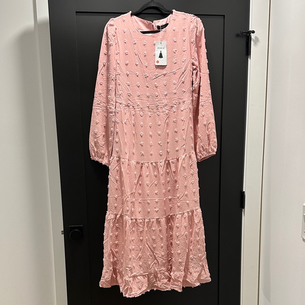 Long Sleeve Pink Textured Tiered Midi Dress